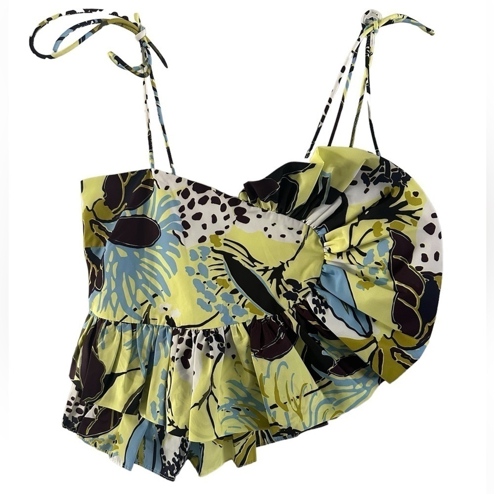 Tanya Taylor Lime, Blue and Black Floral Ruffle Crop Top - Picture 3 of 7